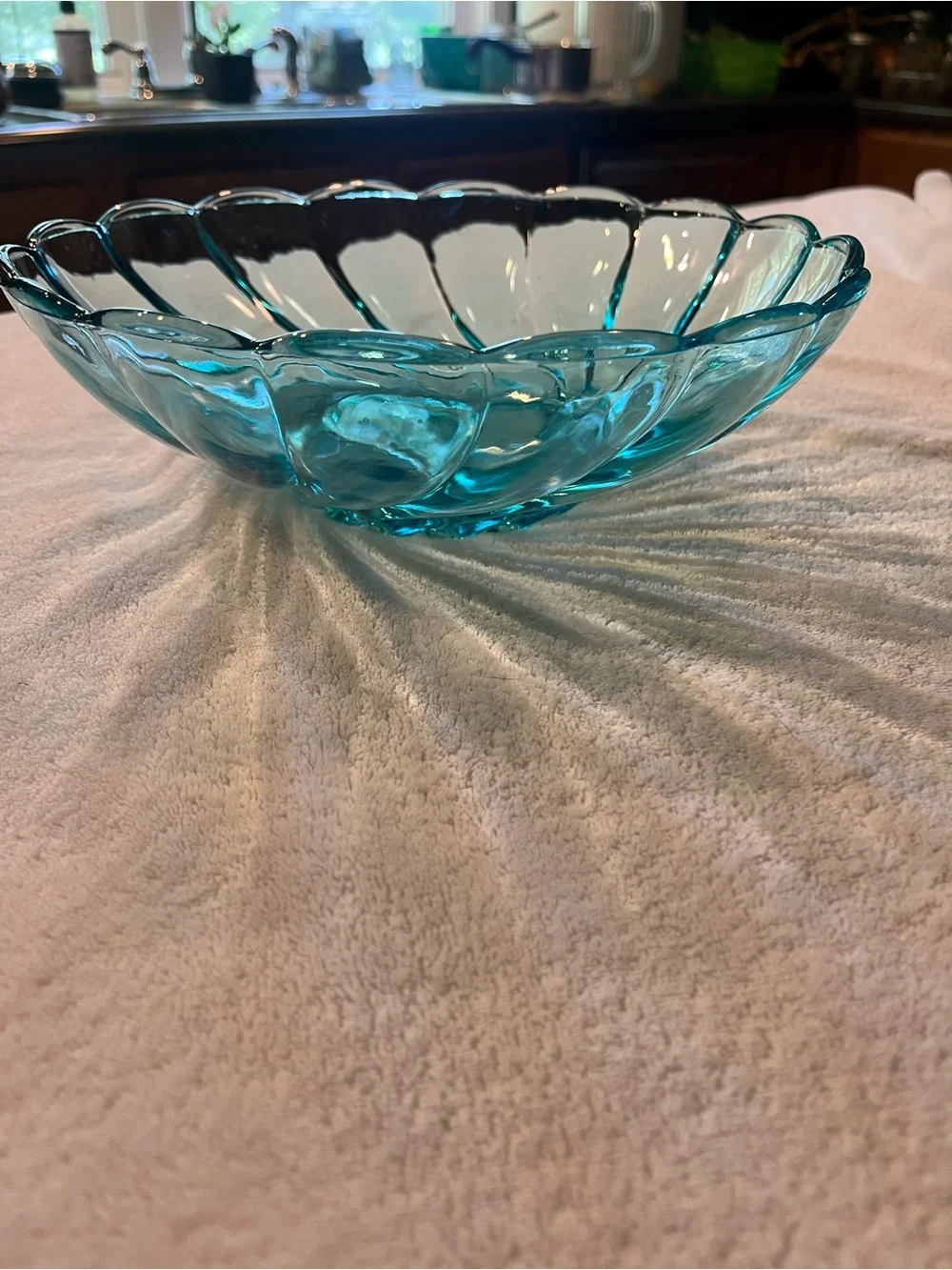 Hazel Atlas Capri Blue Glass Bowl Vintage Mid Century Swirl Scalloped 9
